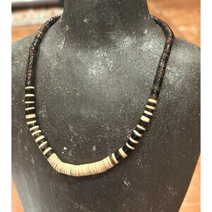 BROWN TAN SHELL COCONUT BEADS 15" CHOKER BEACH Necklace 1980S SURFER HIPPIE EU
